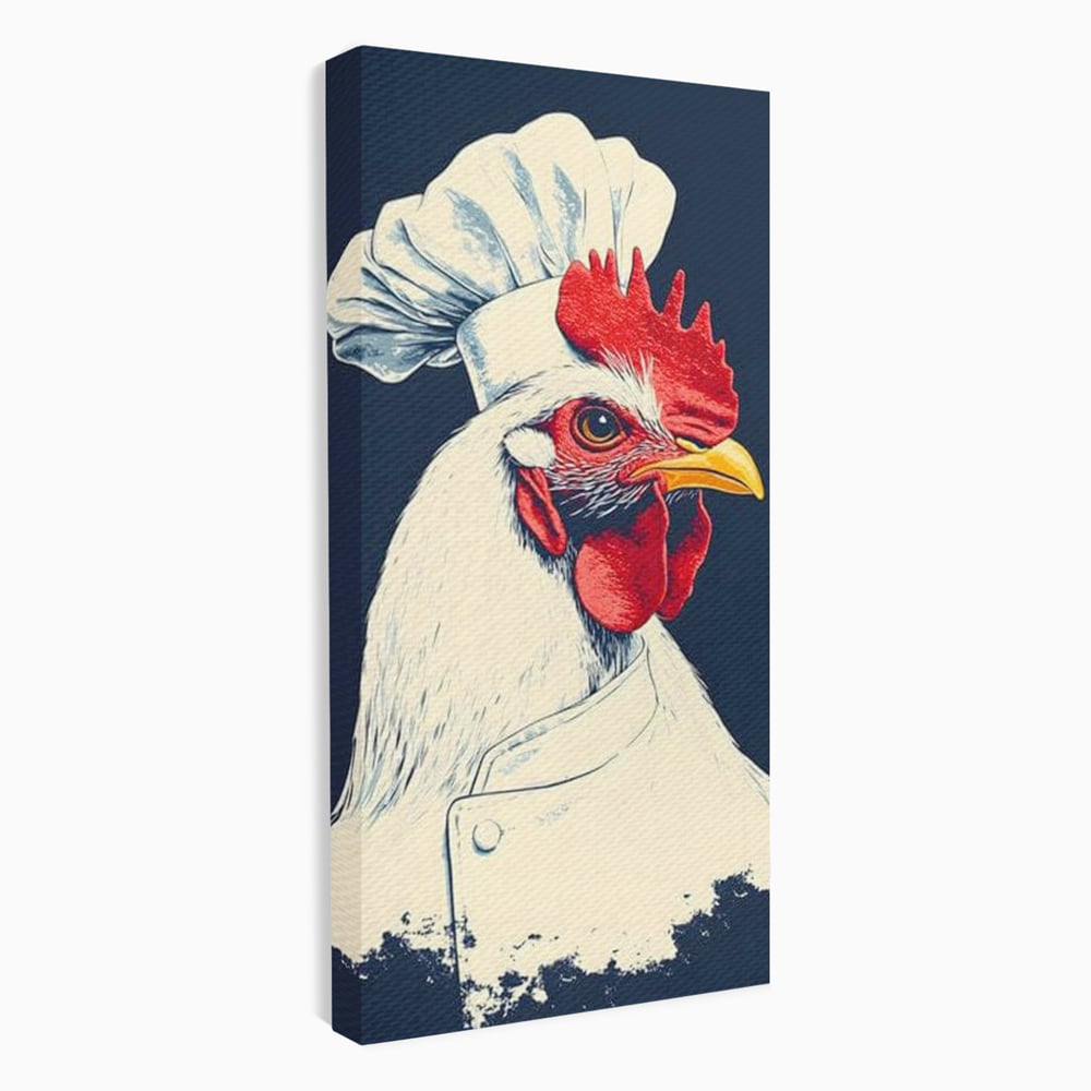 Leinwand Premium Canvas Wandkunst, LuxCanva® M1102, Schürze mit Federn, Küche, Restaurant, Gastronomie, Lustig, Witz, Henne, Karikatur, Poster, Portrait, Büro, Wohnen, Kinderzimmer