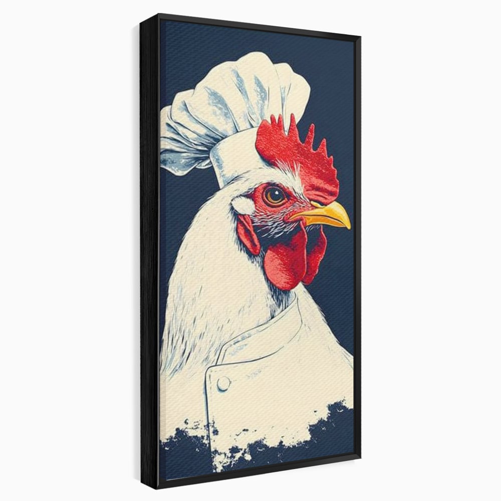Leinwand Premium Canvas Wandkunst, LuxCanva® M1102, Schürze mit Federn, Küche, Restaurant, Gastronomie, Lustig, Witz, Henne, Karikatur, Poster, Portrait, Büro, Wohnen, Kinderzimmer