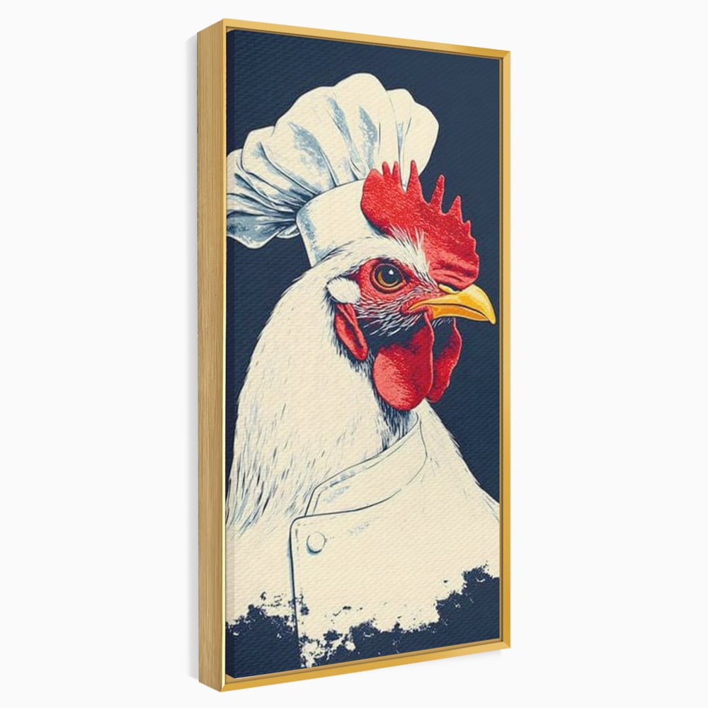 Leinwand Premium Canvas Wandkunst, LuxCanva® M1102, Schürze mit Federn, Küche, Restaurant, Gastronomie, Lustig, Witz, Henne, Karikatur, Poster, Portrait, Büro, Wohnen, Kinderzimmer