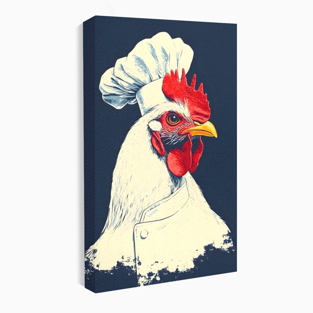 Leinwand Premium Canvas Wandkunst, LuxCanva® M1102, Schürze mit Federn, Küche, Restaurant, Gastronomie, Lustig, Witz, Henne, Karikatur, Poster, Portrait, Büro, Wohnen, Kinderzimmer