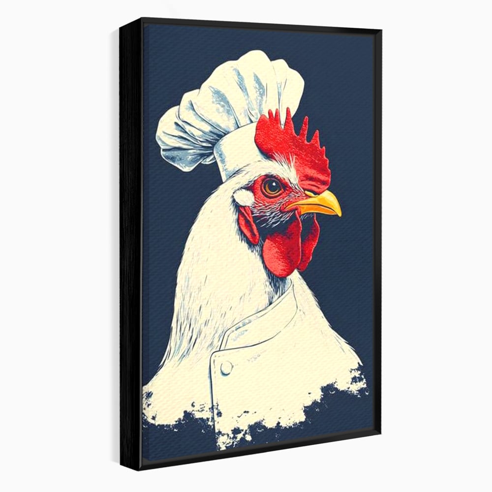 Leinwand Premium Canvas Wandkunst, LuxCanva® M1102, Schürze mit Federn, Küche, Restaurant, Gastronomie, Lustig, Witz, Henne, Karikatur, Poster, Portrait, Büro, Wohnen, Kinderzimmer