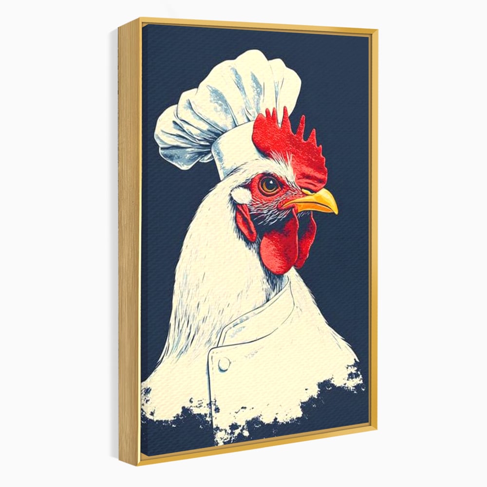 Leinwand Premium Canvas Wandkunst, LuxCanva® M1102, Schürze mit Federn, Küche, Restaurant, Gastronomie, Lustig, Witz, Henne, Karikatur, Poster, Portrait, Büro, Wohnen, Kinderzimmer