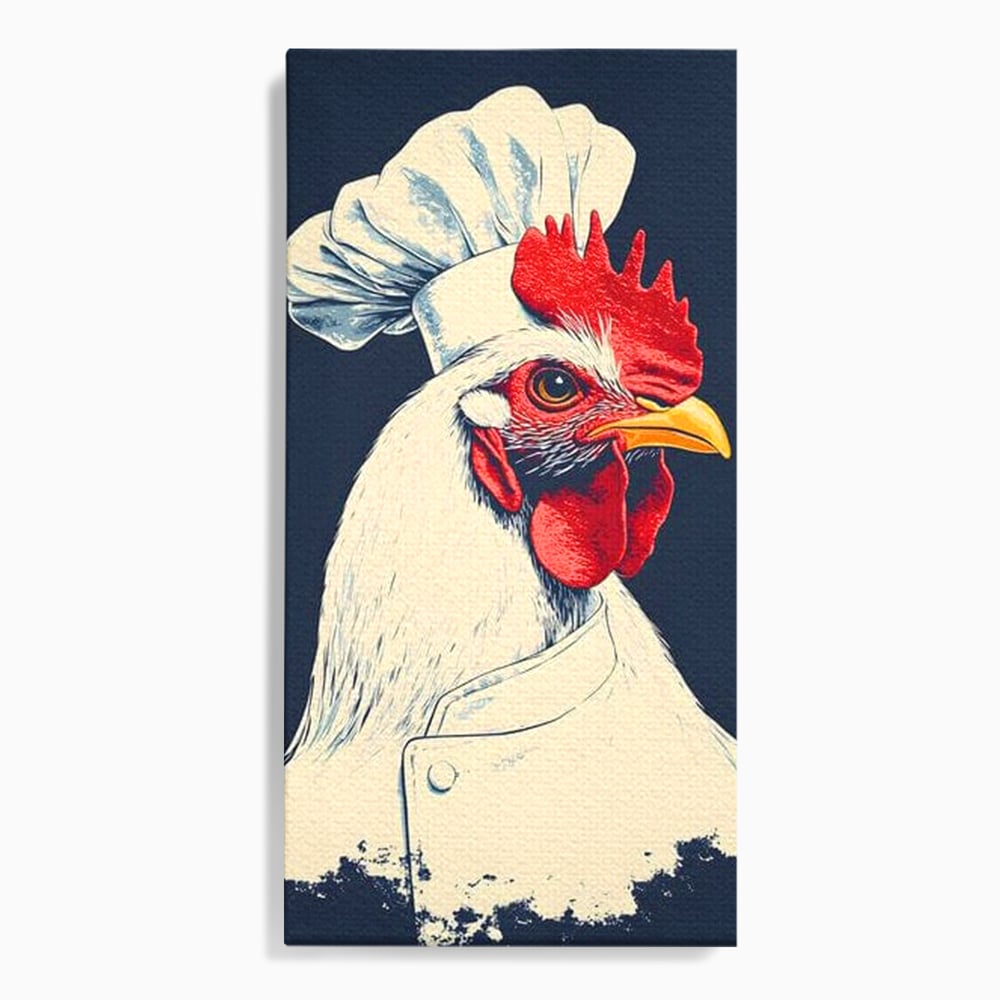 Leinwand Premium Canvas Wandkunst, LuxCanva® M1102, Schürze mit Federn, Küche, Restaurant, Gastronomie, Lustig, Witz, Henne, Karikatur, Poster, Portrait, Büro, Wohnen, Kinderzimmer