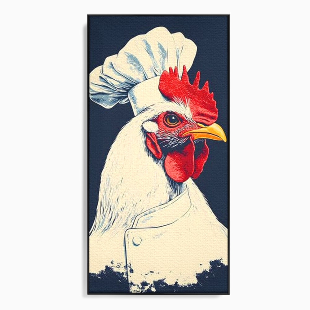 Leinwand Premium Canvas Wandkunst, LuxCanva® M1102, Schürze mit Federn, Küche, Restaurant, Gastronomie, Lustig, Witz, Henne, Karikatur, Poster, Portrait, Büro, Wohnen, Kinderzimmer