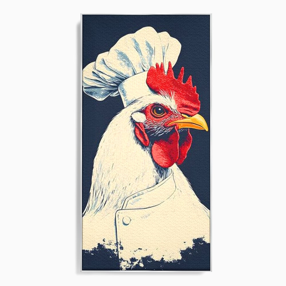 Leinwand Premium Canvas Wandkunst, LuxCanva® M1102, Schürze mit Federn, Küche, Restaurant, Gastronomie, Lustig, Witz, Henne, Karikatur, Poster, Portrait, Büro, Wohnen, Kinderzimmer