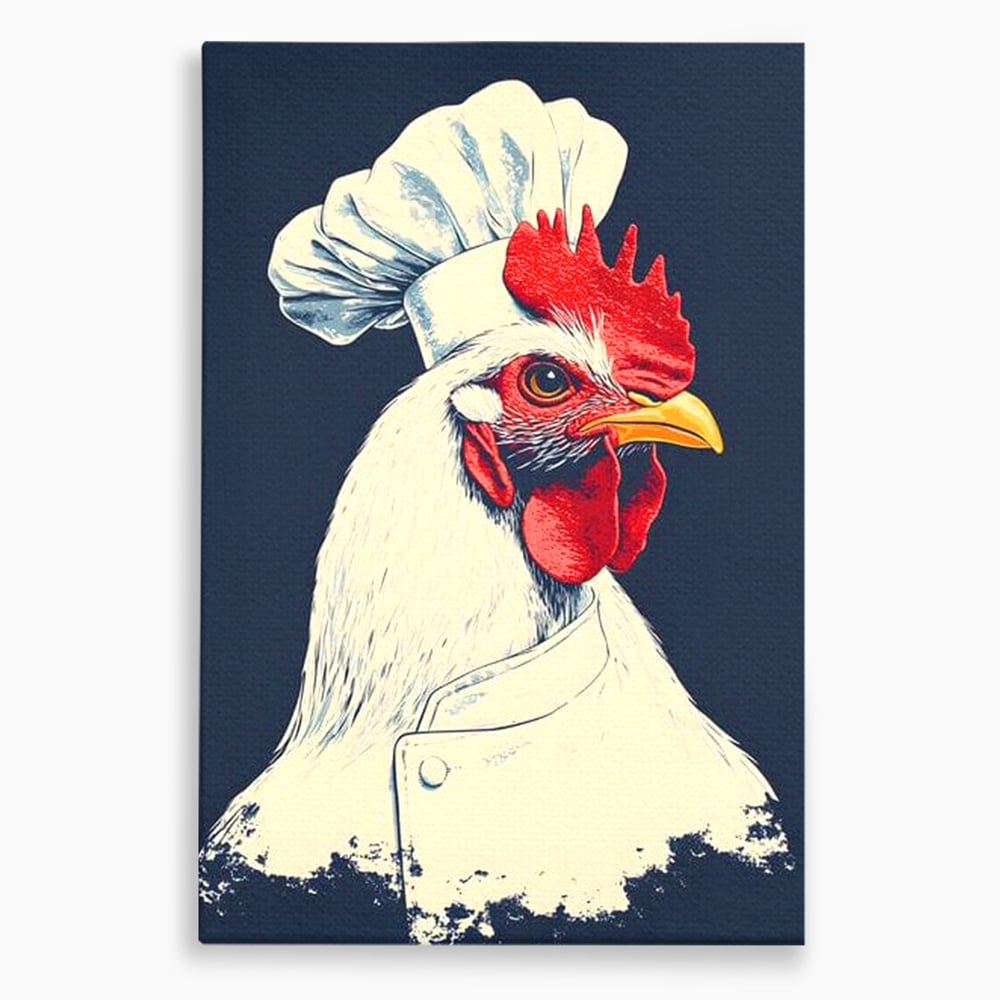 Leinwand Premium Canvas Wandkunst, LuxCanva® M1102, Schürze mit Federn, Küche, Restaurant, Gastronomie, Lustig, Witz, Henne, Karikatur, Poster, Portrait, Büro, Wohnen, Kinderzimmer