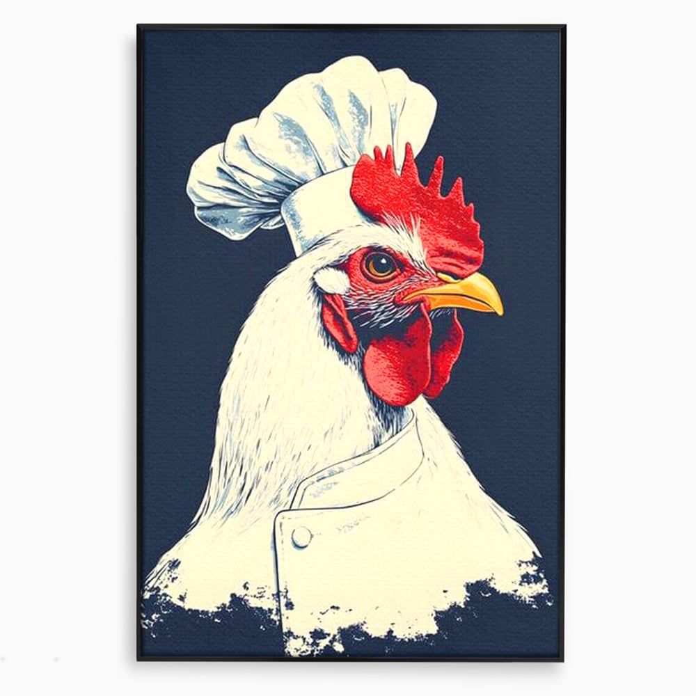 Leinwand Premium Canvas Wandkunst, LuxCanva® M1102, Schürze mit Federn, Küche, Restaurant, Gastronomie, Lustig, Witz, Henne, Karikatur, Poster, Portrait, Büro, Wohnen, Kinderzimmer