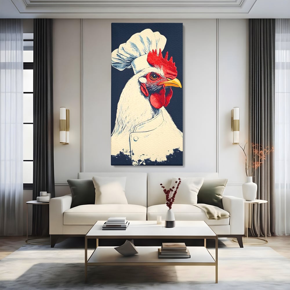 Leinwand Premium Canvas Wandkunst, LuxCanva® M1102, Schürze mit Federn, Küche, Restaurant, Gastronomie, Lustig, Witz, Henne, Karikatur, Poster, Portrait, Büro, Wohnen, Kinderzimmer
