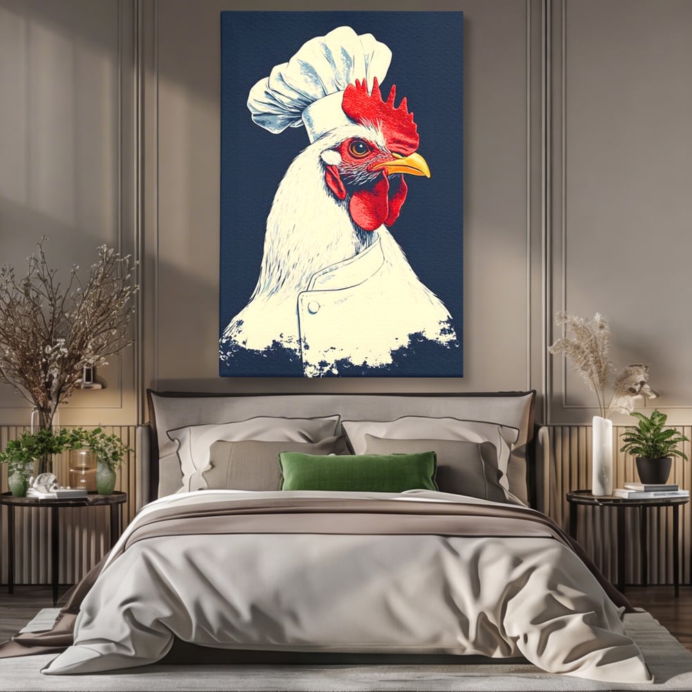 Leinwand Premium Canvas Wandkunst, LuxCanva® M1102, Schürze mit Federn, Küche, Restaurant, Gastronomie, Lustig, Witz, Henne, Karikatur, Poster, Portrait, Büro, Wohnen, Kinderzimmer