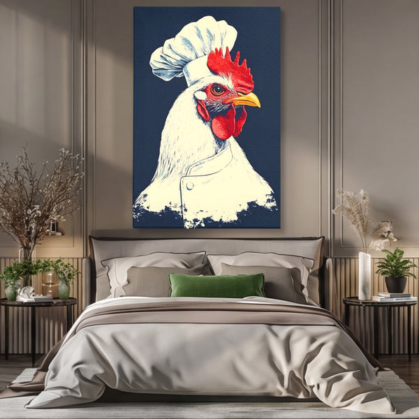 Leinwand Premium Canvas Wandkunst, LuxCanva® M1102, Schürze mit Federn, Küche, Restaurant, Gastronomie, Lustig, Witz, Henne, Karikatur, Poster, Portrait, Büro, Wohnen, Kinderzimmer