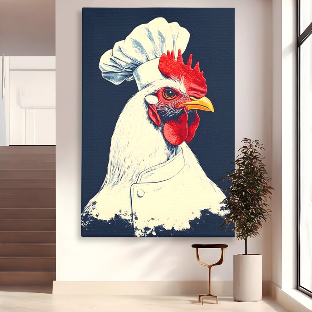 Leinwand Premium Canvas Wandkunst, LuxCanva® M1102, Schürze mit Federn, Küche, Restaurant, Gastronomie, Lustig, Witz, Henne, Karikatur, Poster, Portrait, Büro, Wohnen, Kinderzimmer