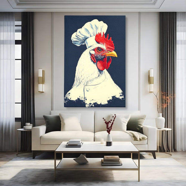 Leinwand Premium Canvas Wandkunst, LuxCanva® M1102, Schürze mit Federn, Küche, Restaurant, Gastronomie, Lustig, Witz, Henne, Karikatur, Poster, Portrait, Büro, Wohnen, Kinderzimmer