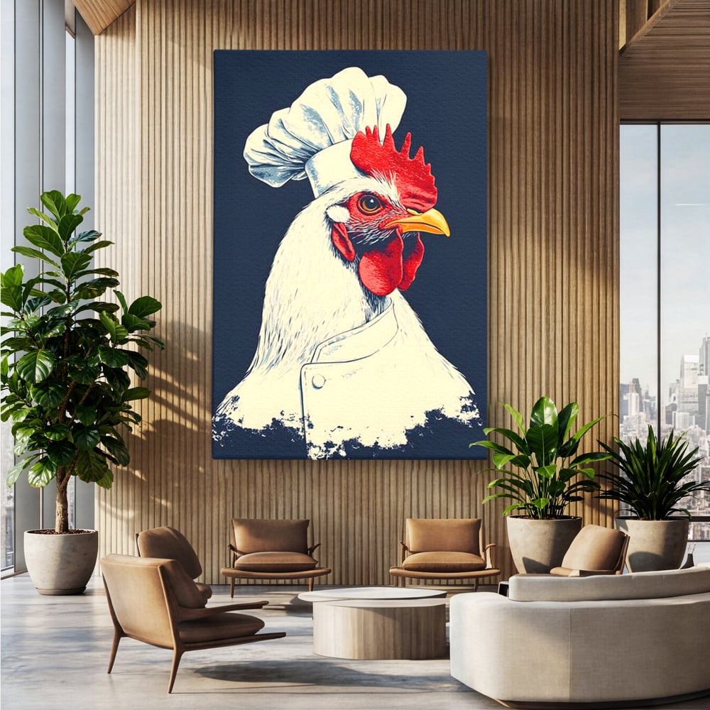 Leinwand Premium Canvas Wandkunst, LuxCanva® M1102, Schürze mit Federn, Küche, Restaurant, Gastronomie, Lustig, Witz, Henne, Karikatur, Poster, Portrait, Büro, Wohnen, Kinderzimmer