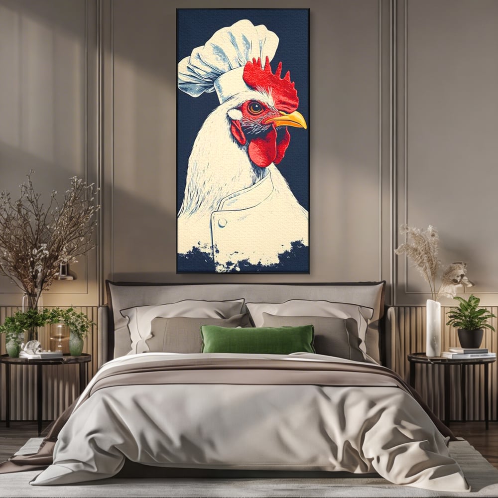 Leinwand Premium Canvas Wandkunst, LuxCanva® M1102, Schürze mit Federn, Küche, Restaurant, Gastronomie, Lustig, Witz, Henne, Karikatur, Poster, Portrait, Büro, Wohnen, Kinderzimmer