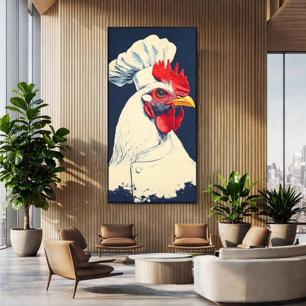 Leinwand Premium Canvas Wandkunst, LuxCanva® M1102, Schürze mit Federn, Küche, Restaurant, Gastronomie, Lustig, Witz, Henne, Karikatur, Poster, Portrait, Büro, Wohnen, Kinderzimmer