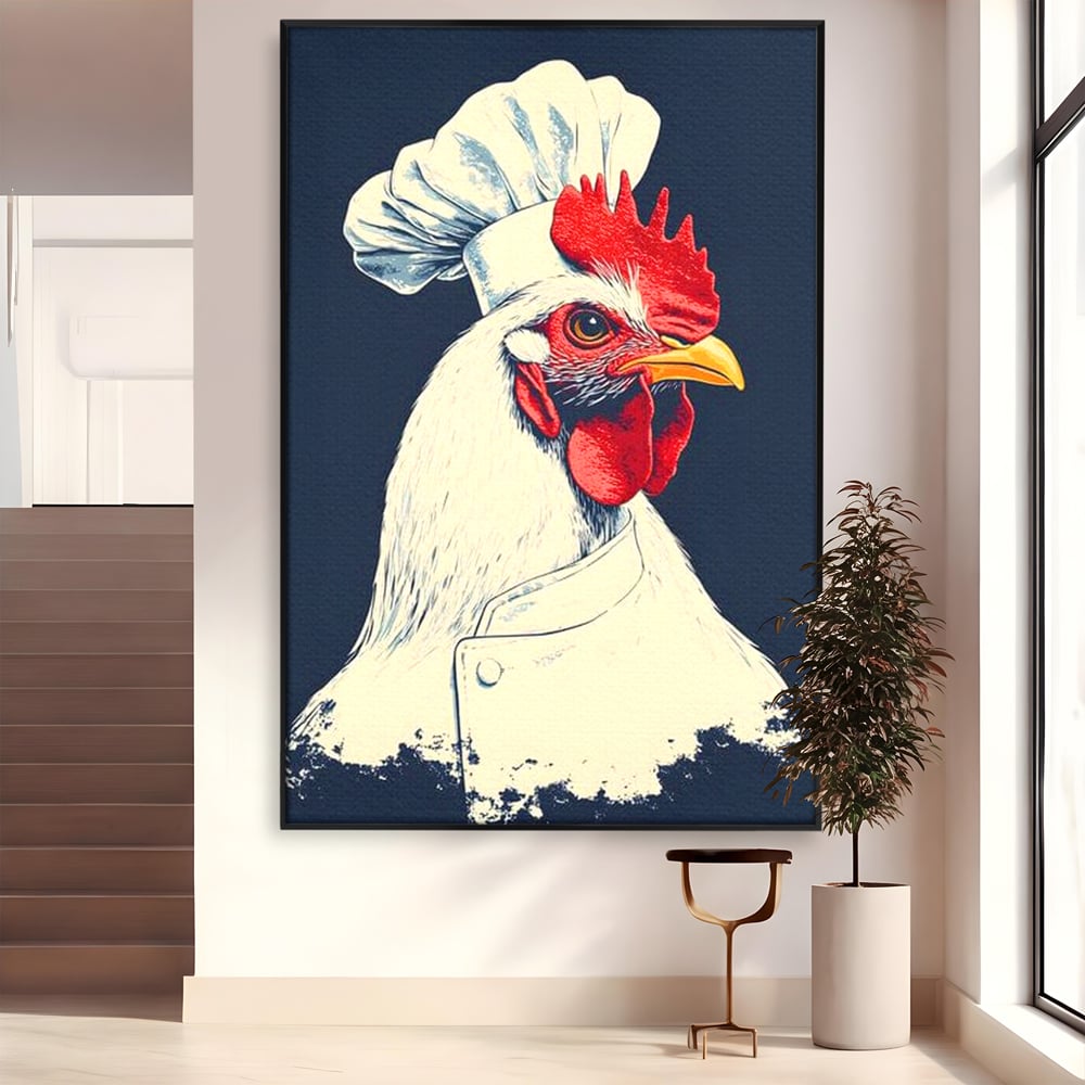 Leinwand Premium Canvas Wandkunst, LuxCanva® M1102, Schürze mit Federn, Küche, Restaurant, Gastronomie, Lustig, Witz, Henne, Karikatur, Poster, Portrait, Büro, Wohnen, Kinderzimmer