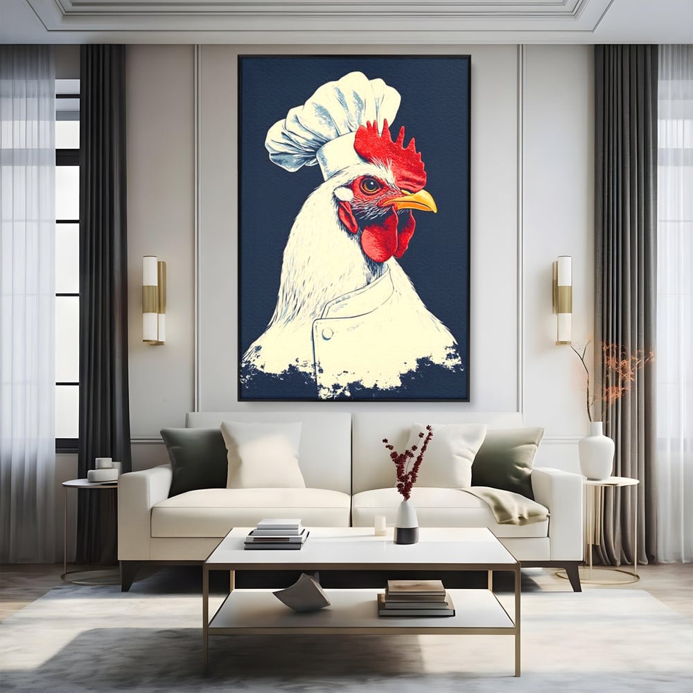 Leinwand Premium Canvas Wandkunst, LuxCanva® M1102, Schürze mit Federn, Küche, Restaurant, Gastronomie, Lustig, Witz, Henne, Karikatur, Poster, Portrait, Büro, Wohnen, Kinderzimmer