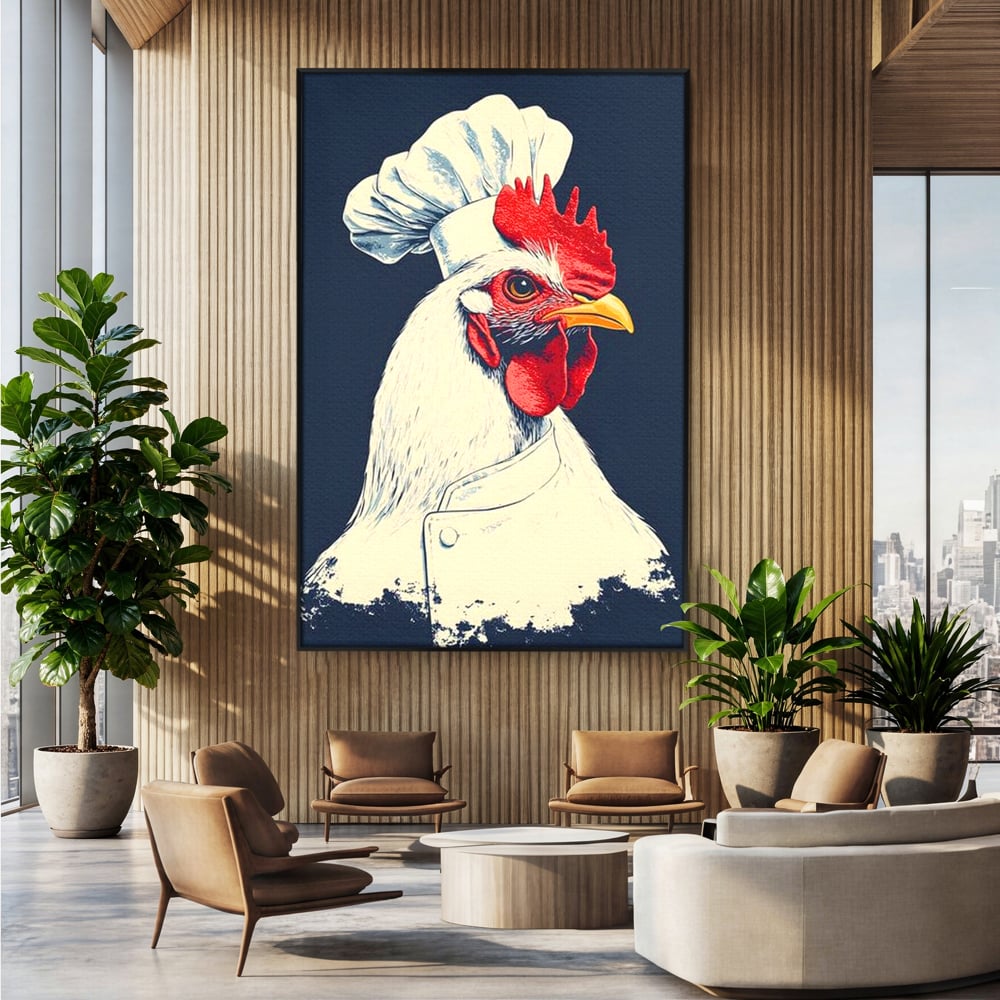 Leinwand Premium Canvas Wandkunst, LuxCanva® M1102, Schürze mit Federn, Küche, Restaurant, Gastronomie, Lustig, Witz, Henne, Karikatur, Poster, Portrait, Büro, Wohnen, Kinderzimmer