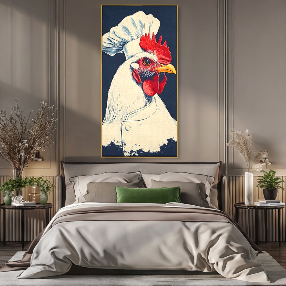 Leinwand Premium Canvas Wandkunst, LuxCanva® M1102, Schürze mit Federn, Küche, Restaurant, Gastronomie, Lustig, Witz, Henne, Karikatur, Poster, Portrait, Büro, Wohnen, Kinderzimmer