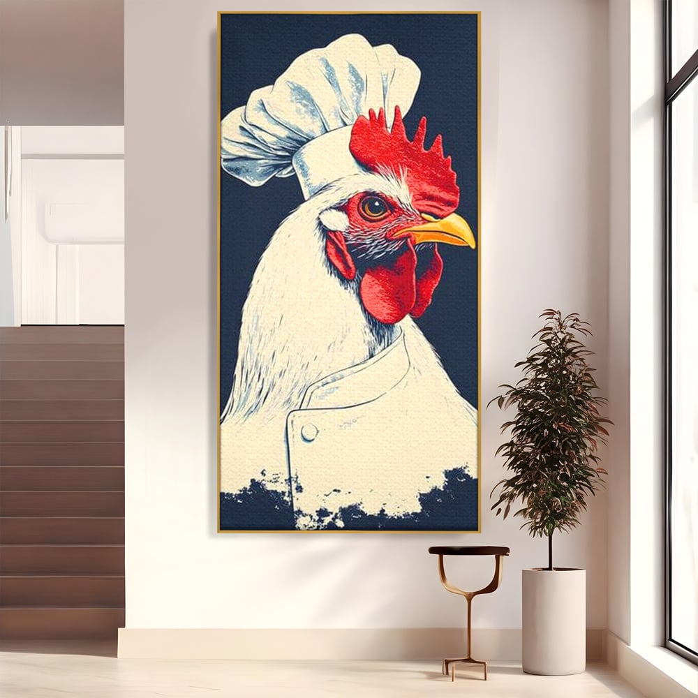 Leinwand Premium Canvas Wandkunst, LuxCanva® M1102, Schürze mit Federn, Küche, Restaurant, Gastronomie, Lustig, Witz, Henne, Karikatur, Poster, Portrait, Büro, Wohnen, Kinderzimmer