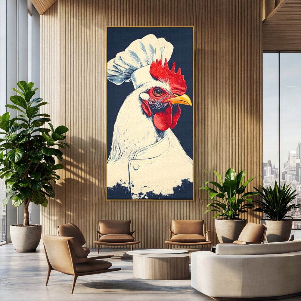 Leinwand Premium Canvas Wandkunst, LuxCanva® M1102, Schürze mit Federn, Küche, Restaurant, Gastronomie, Lustig, Witz, Henne, Karikatur, Poster, Portrait, Büro, Wohnen, Kinderzimmer