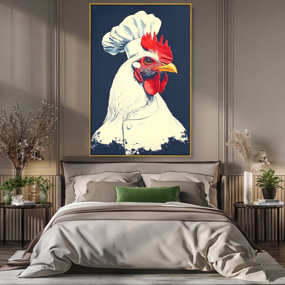 Leinwand Premium Canvas Wandkunst, LuxCanva® M1102, Schürze mit Federn, Küche, Restaurant, Gastronomie, Lustig, Witz, Henne, Karikatur, Poster, Portrait, Büro, Wohnen, Kinderzimmer