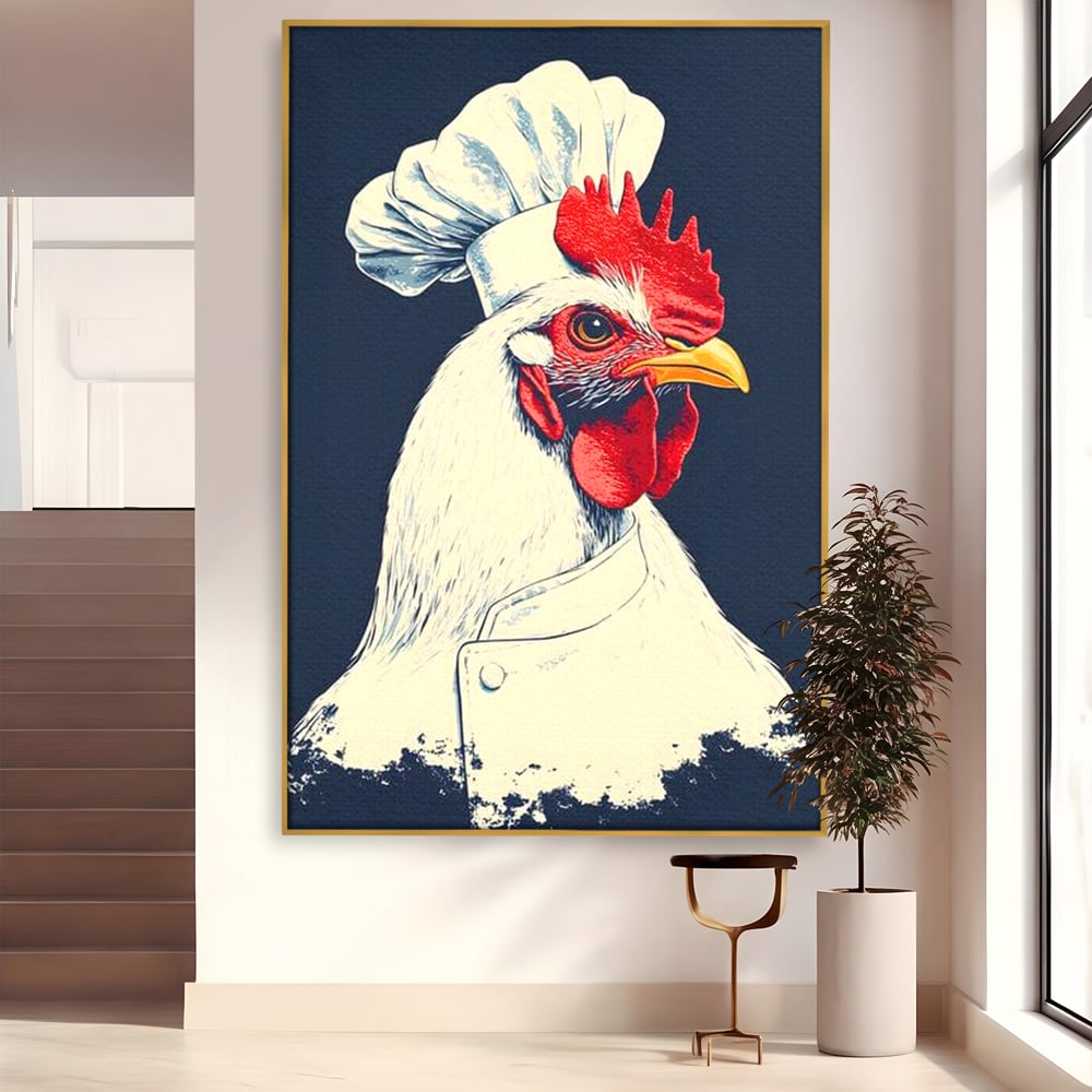 Leinwand Premium Canvas Wandkunst, LuxCanva® M1102, Schürze mit Federn, Küche, Restaurant, Gastronomie, Lustig, Witz, Henne, Karikatur, Poster, Portrait, Büro, Wohnen, Kinderzimmer