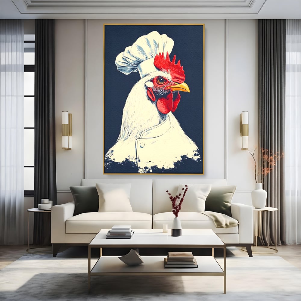 Leinwand Premium Canvas Wandkunst, LuxCanva® M1102, Schürze mit Federn, Küche, Restaurant, Gastronomie, Lustig, Witz, Henne, Karikatur, Poster, Portrait, Büro, Wohnen, Kinderzimmer