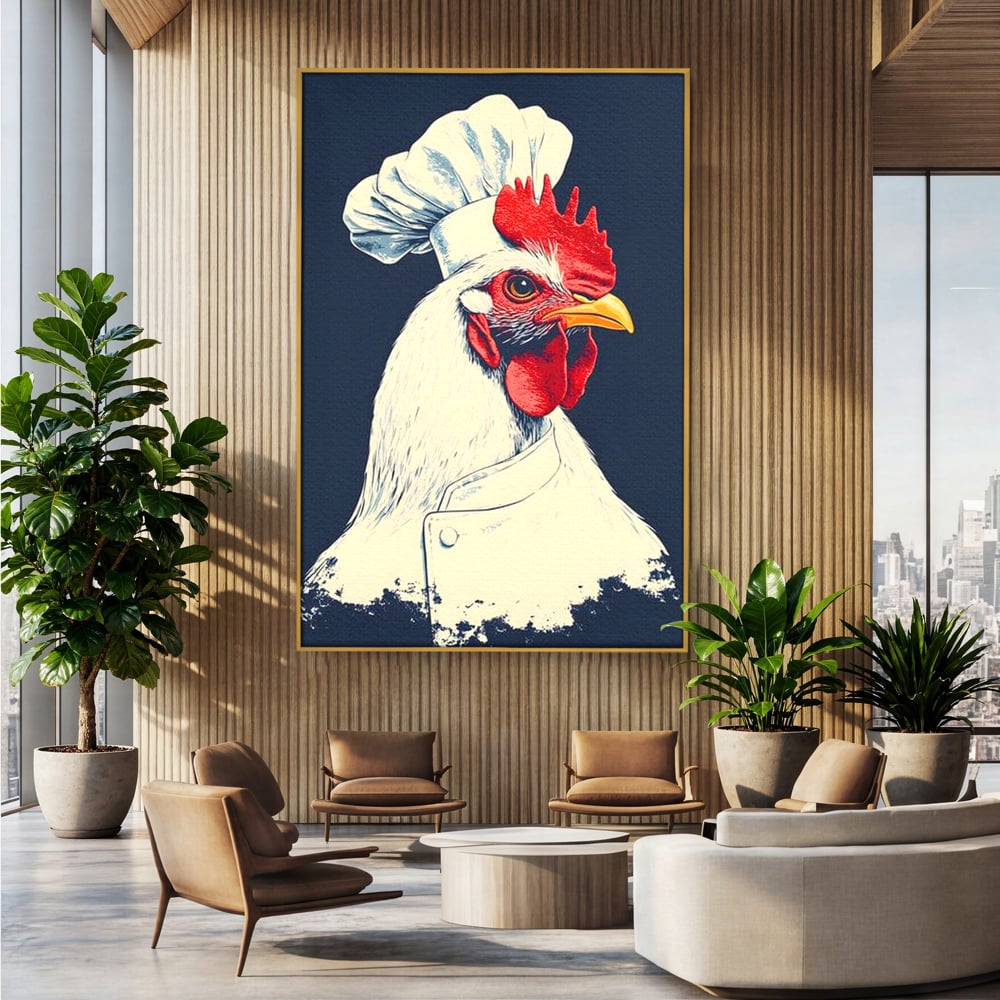 Leinwand Premium Canvas Wandkunst, LuxCanva® M1102, Schürze mit Federn, Küche, Restaurant, Gastronomie, Lustig, Witz, Henne, Karikatur, Poster, Portrait, Büro, Wohnen, Kinderzimmer