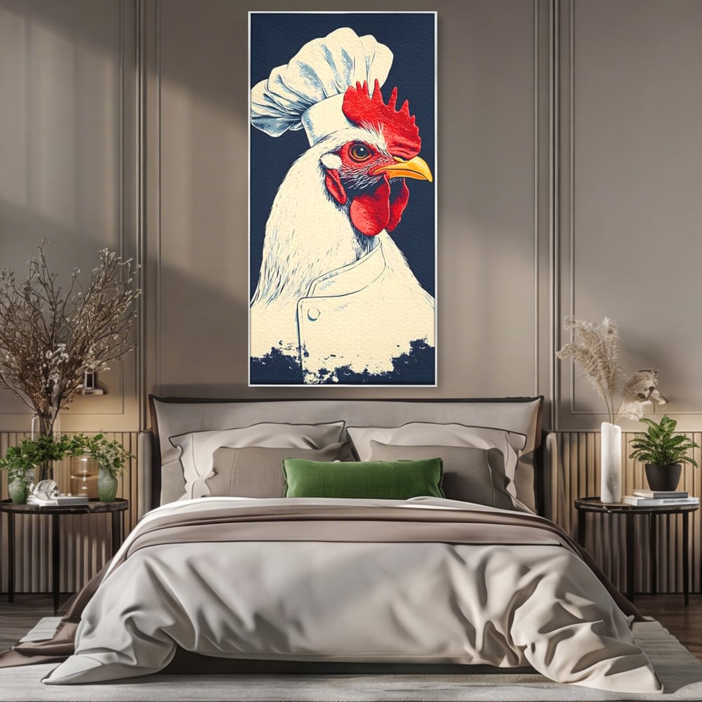 Leinwand Premium Canvas Wandkunst, LuxCanva® M1102, Schürze mit Federn, Küche, Restaurant, Gastronomie, Lustig, Witz, Henne, Karikatur, Poster, Portrait, Büro, Wohnen, Kinderzimmer