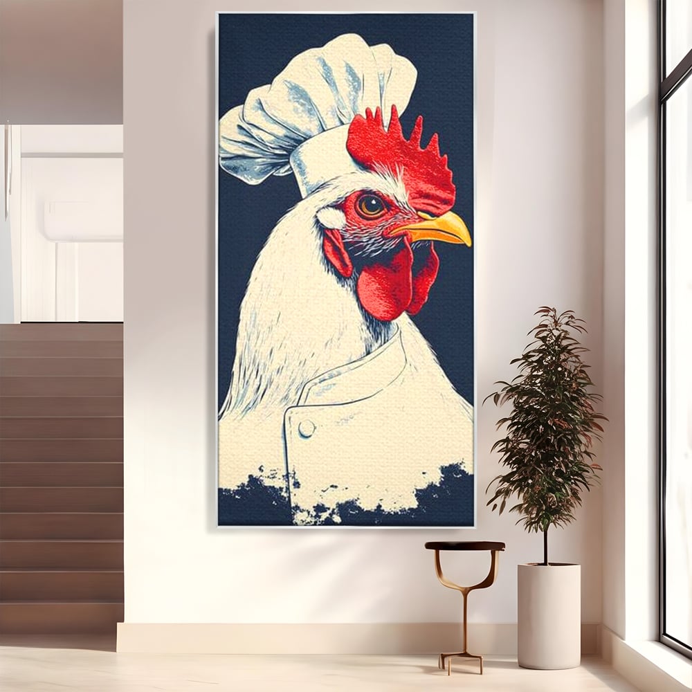 Leinwand Premium Canvas Wandkunst, LuxCanva® M1102, Schürze mit Federn, Küche, Restaurant, Gastronomie, Lustig, Witz, Henne, Karikatur, Poster, Portrait, Büro, Wohnen, Kinderzimmer