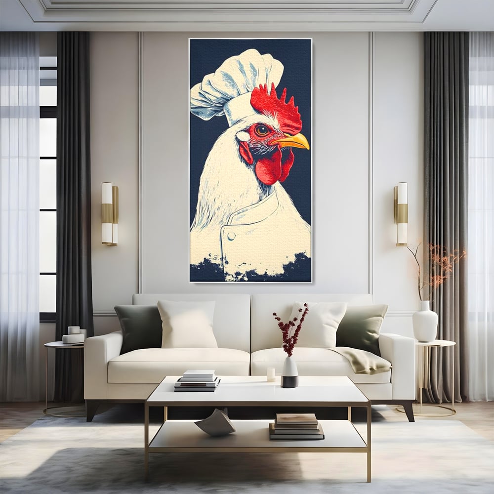 Leinwand Premium Canvas Wandkunst, LuxCanva® M1102, Schürze mit Federn, Küche, Restaurant, Gastronomie, Lustig, Witz, Henne, Karikatur, Poster, Portrait, Büro, Wohnen, Kinderzimmer