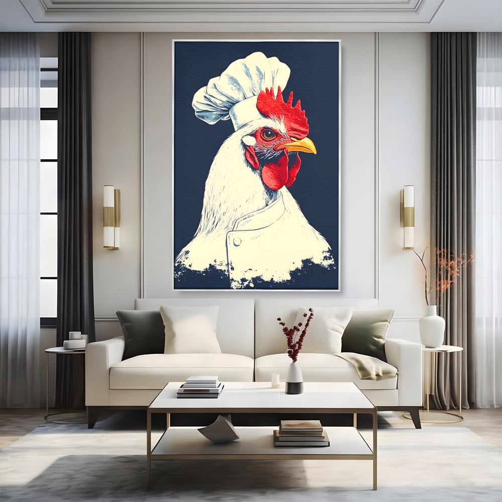 Leinwand Premium Canvas Wandkunst, LuxCanva® M1102, Schürze mit Federn, Küche, Restaurant, Gastronomie, Lustig, Witz, Henne, Karikatur, Poster, Portrait, Büro, Wohnen, Kinderzimmer