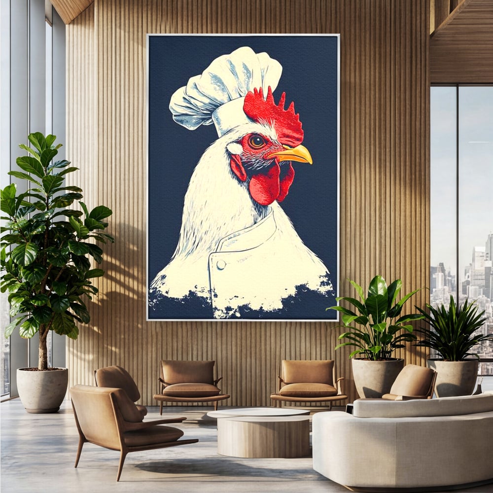 Leinwand Premium Canvas Wandkunst, LuxCanva® M1102, Schürze mit Federn, Küche, Restaurant, Gastronomie, Lustig, Witz, Henne, Karikatur, Poster, Portrait, Büro, Wohnen, Kinderzimmer