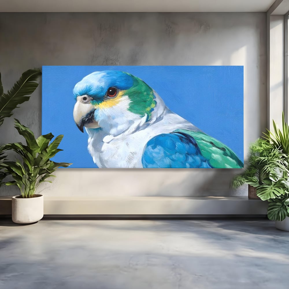 Tablou Canvas Premium, LuxCanva® M1104, Trilogia Culorilor, Papagal, Tropical, Exotic, Pasare, Azur, Smarald, Pastel, Senin, Relaxare, Portret, Penaj, Birou, Living, Camera Copil