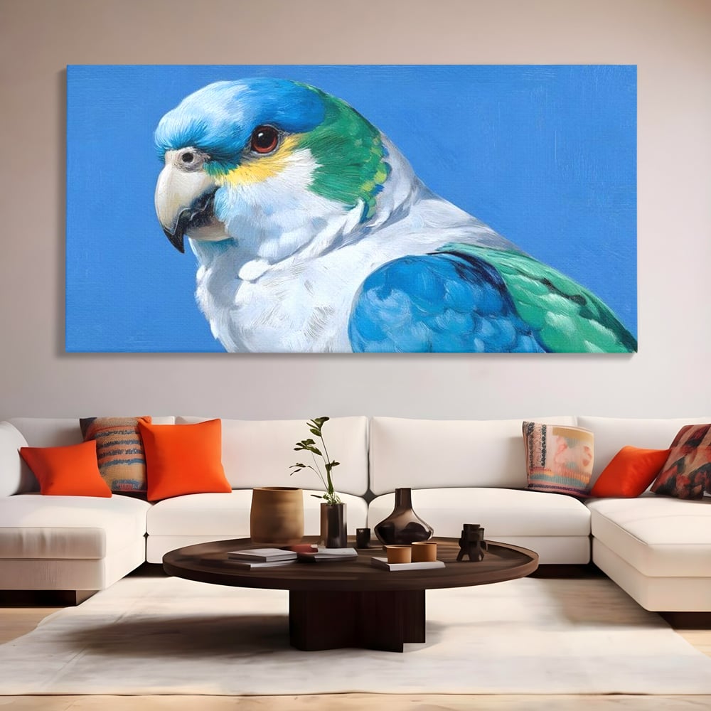 Tablou Canvas Premium, LuxCanva® M1104, Trilogia Culorilor, Papagal, Tropical, Exotic, Pasare, Azur, Smarald, Pastel, Senin, Relaxare, Portret, Penaj, Birou, Living, Camera Copil