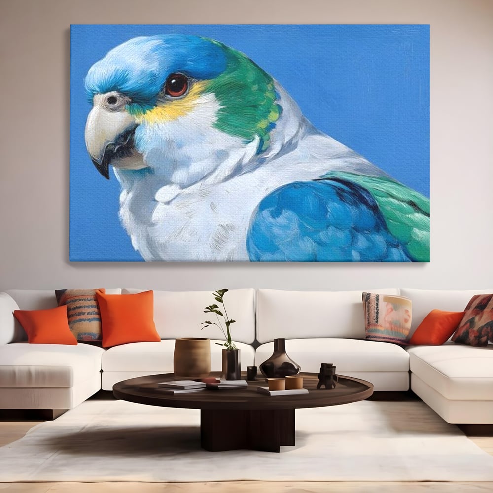 Tablou Canvas Premium, LuxCanva® M1104, Trilogia Culorilor, Papagal, Tropical, Exotic, Pasare, Azur, Smarald, Pastel, Senin, Relaxare, Portret, Penaj, Birou, Living, Camera Copil