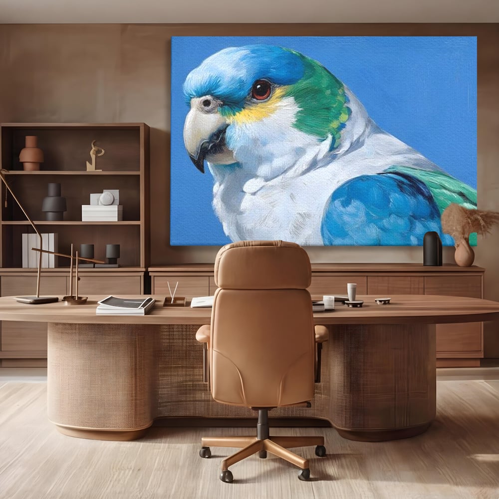 Tablou Canvas Premium, LuxCanva® M1104, Trilogia Culorilor, Papagal, Tropical, Exotic, Pasare, Azur, Smarald, Pastel, Senin, Relaxare, Portret, Penaj, Birou, Living, Camera Copil