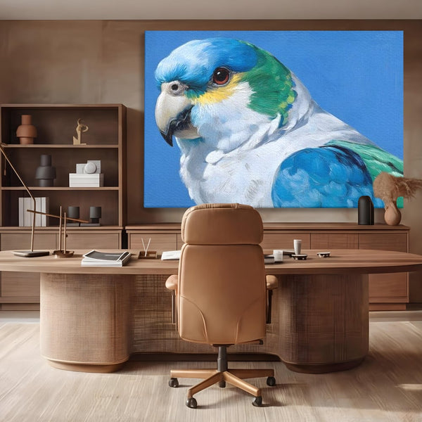 Tablou Canvas Premium, LuxCanva® M1104, Trilogia Culorilor, Papagal, Tropical, Exotic, Pasare, Azur, Smarald, Pastel, Senin, Relaxare, Portret, Penaj, Birou, Living, Camera Copil