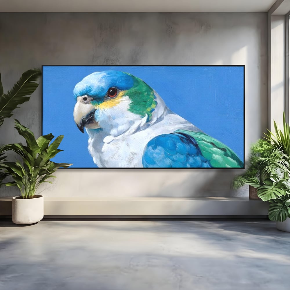 Tablou Canvas Premium, LuxCanva® M1104, Trilogia Culorilor, Papagal, Tropical, Exotic, Pasare, Azur, Smarald, Pastel, Senin, Relaxare, Portret, Penaj, Birou, Living, Camera Copil