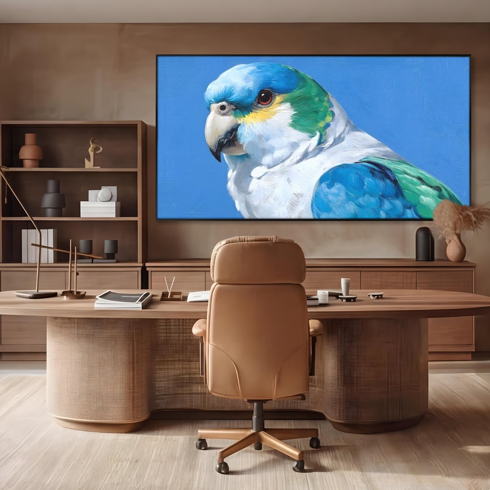 Tablou Canvas Premium, LuxCanva® M1104, Trilogia Culorilor, Papagal, Tropical, Exotic, Pasare, Azur, Smarald, Pastel, Senin, Relaxare, Portret, Penaj, Birou, Living, Camera Copil