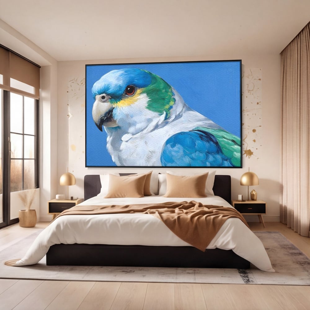 Tablou Canvas Premium, LuxCanva® M1104, Trilogia Culorilor, Papagal, Tropical, Exotic, Pasare, Azur, Smarald, Pastel, Senin, Relaxare, Portret, Penaj, Birou, Living, Camera Copil