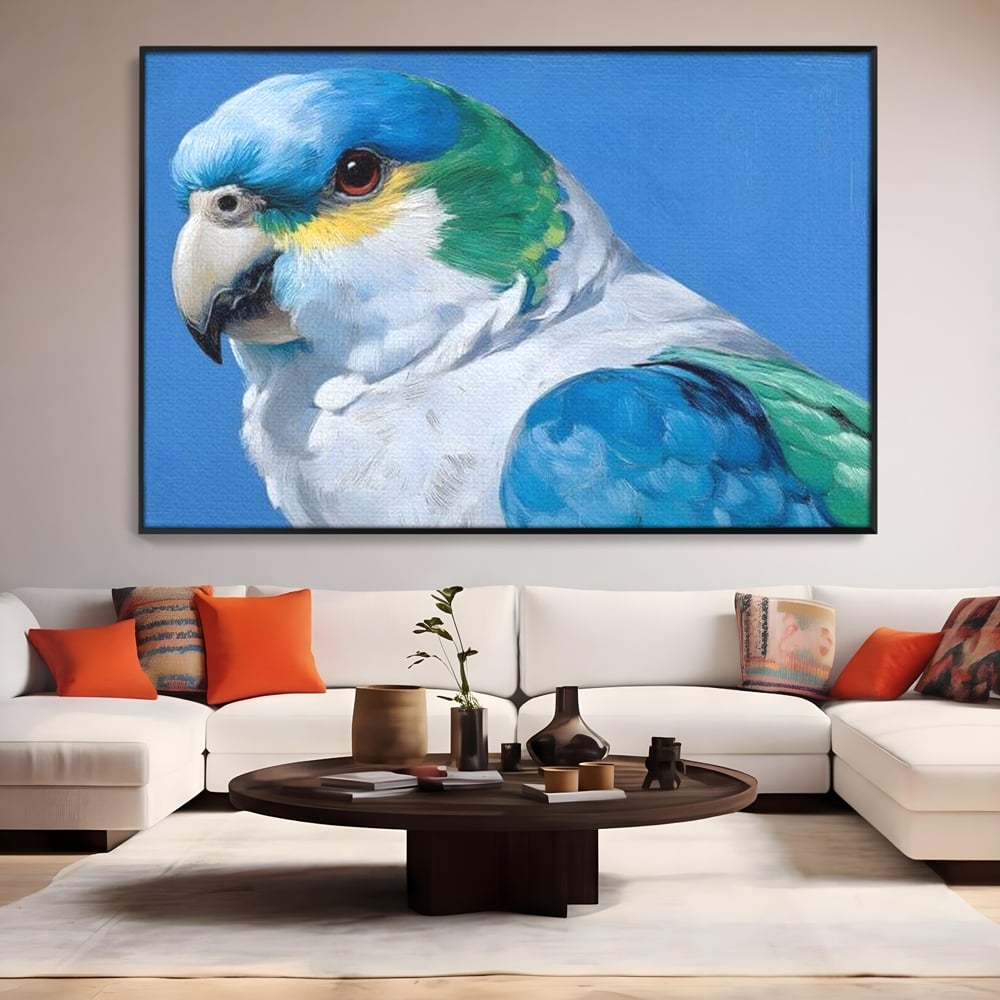 Tablou Canvas Premium, LuxCanva® M1104, Trilogia Culorilor, Papagal, Tropical, Exotic, Pasare, Azur, Smarald, Pastel, Senin, Relaxare, Portret, Penaj, Birou, Living, Camera Copil