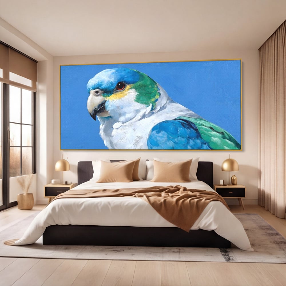 Tablou Canvas Premium, LuxCanva® M1104, Trilogia Culorilor, Papagal, Tropical, Exotic, Pasare, Azur, Smarald, Pastel, Senin, Relaxare, Portret, Penaj, Birou, Living, Camera Copil