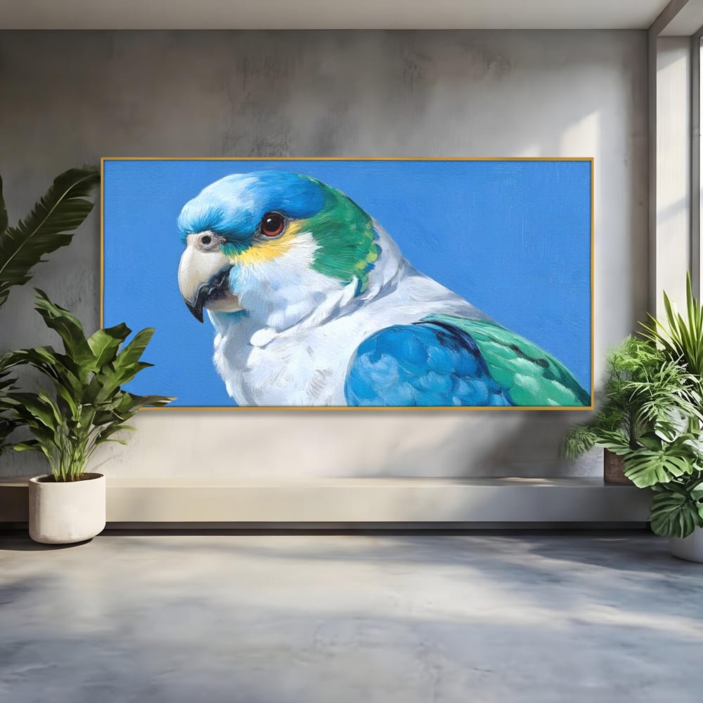 Tablou Canvas Premium, LuxCanva® M1104, Trilogia Culorilor, Papagal, Tropical, Exotic, Pasare, Azur, Smarald, Pastel, Senin, Relaxare, Portret, Penaj, Birou, Living, Camera Copil