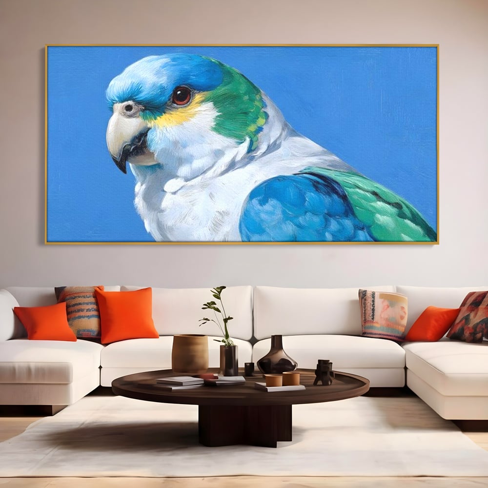 Tablou Canvas Premium, LuxCanva® M1104, Trilogia Culorilor, Papagal, Tropical, Exotic, Pasare, Azur, Smarald, Pastel, Senin, Relaxare, Portret, Penaj, Birou, Living, Camera Copil