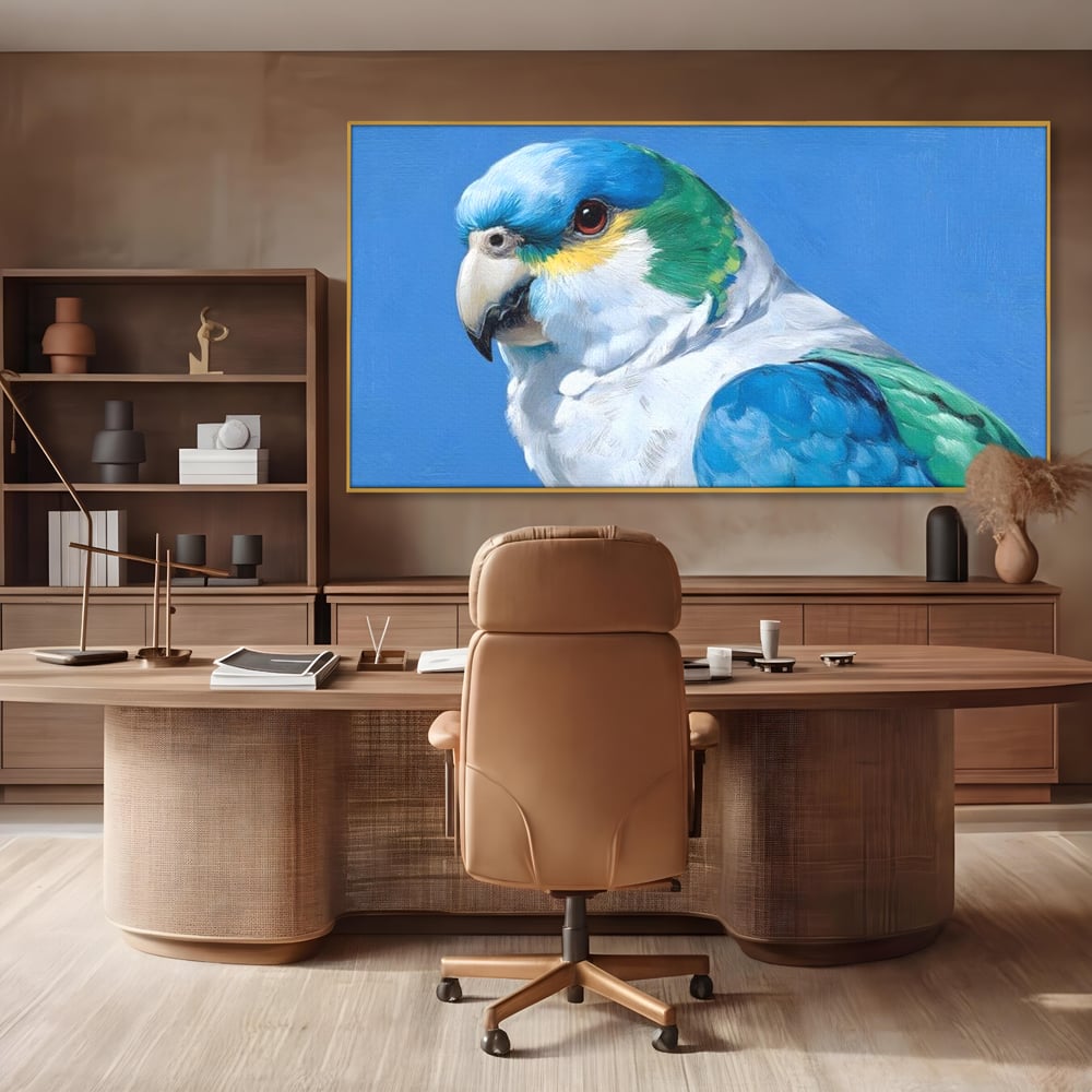 Tablou Canvas Premium, LuxCanva® M1104, Trilogia Culorilor, Papagal, Tropical, Exotic, Pasare, Azur, Smarald, Pastel, Senin, Relaxare, Portret, Penaj, Birou, Living, Camera Copil