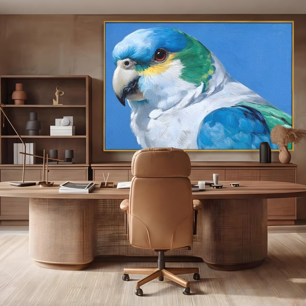 Tablou Canvas Premium, LuxCanva® M1104, Trilogia Culorilor, Papagal, Tropical, Exotic, Pasare, Azur, Smarald, Pastel, Senin, Relaxare, Portret, Penaj, Birou, Living, Camera Copil