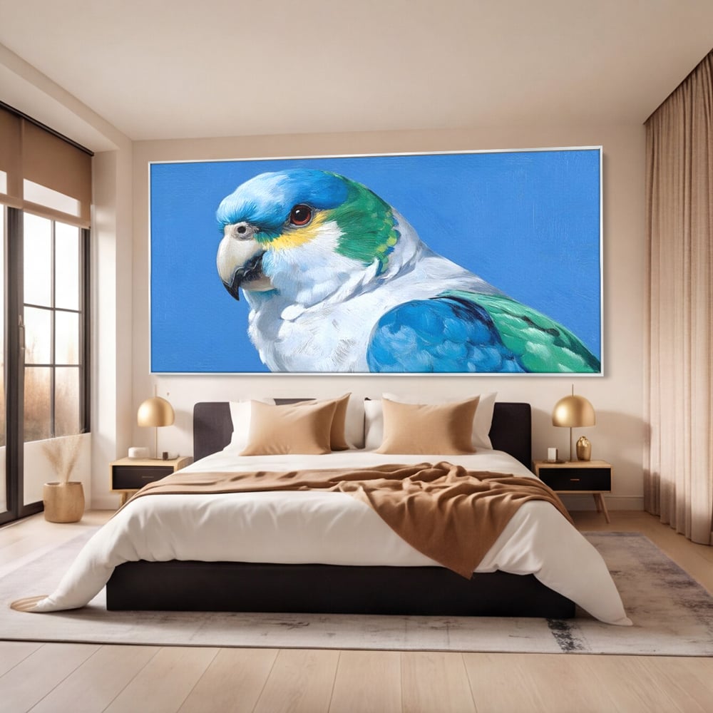 Tablou Canvas Premium, LuxCanva® M1104, Trilogia Culorilor, Papagal, Tropical, Exotic, Pasare, Azur, Smarald, Pastel, Senin, Relaxare, Portret, Penaj, Birou, Living, Camera Copil