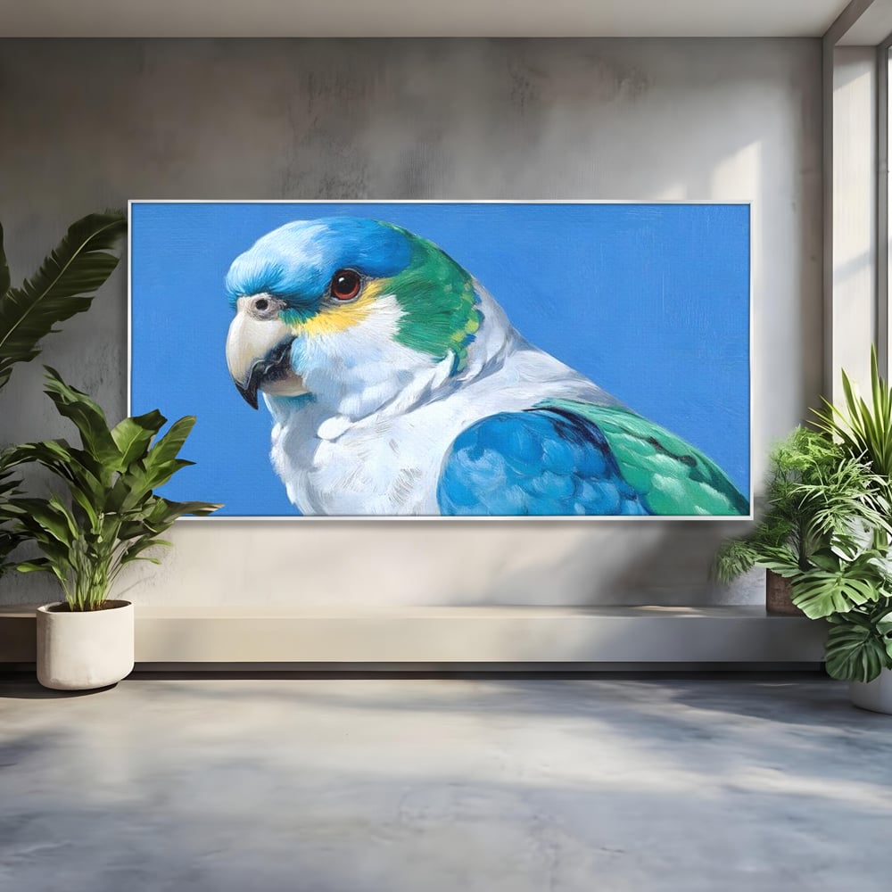 Tablou Canvas Premium, LuxCanva® M1104, Trilogia Culorilor, Papagal, Tropical, Exotic, Pasare, Azur, Smarald, Pastel, Senin, Relaxare, Portret, Penaj, Birou, Living, Camera Copil